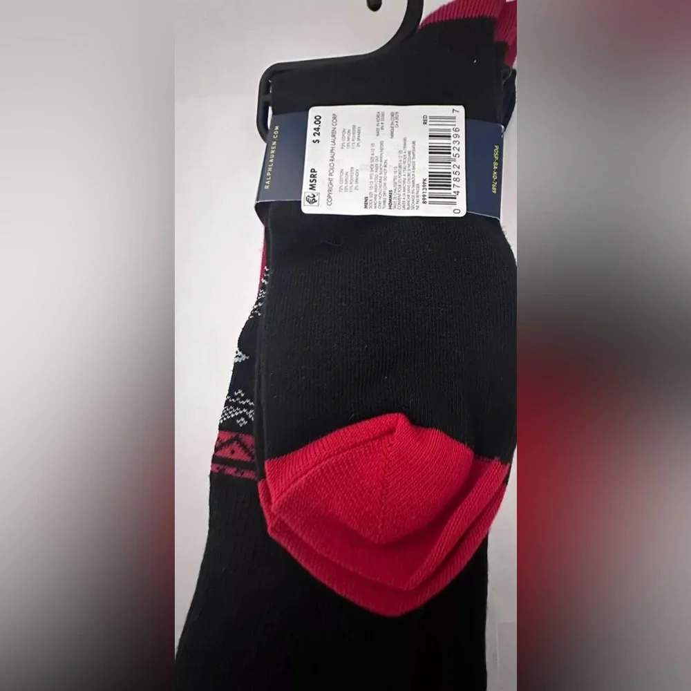 NWT Polo Ralph Lauren Sweater Bear Socks Red/Black - Mens Size 6-13 (2 Pairs)